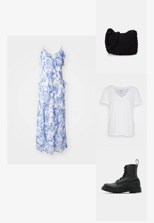 Vit bomull V-ringad t-shirt med korta ärmar, avslappnad passform och etikett nära halsringningen. Slät textur, inga mönster eller detaljer.; Maxiklänning i lätt tyg med blå blommönster på vit bakgrund, med volangdetaljer och tunna axelband.; Svart läderkampsko med rund tå, snörning fram och dragflik vid vristen. Har en tjock gummisula för hållbarhet.; Svart tygväska med en strukturerad, vadderad yta. Rund form, korta, tjocka handtag och en mjuk, flexibel struktur.