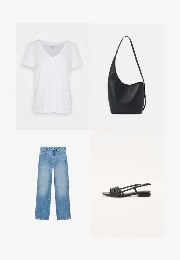 Tricou alb din bumbac cu guler în V, mâneci scurte, croială atât de lejeră, și etichetă aproape de guler. Textură netedă, fără modele sau accente.; Jeans din denim de un albastru deschis, cu croi drept, design cu cinci buzunare și estompare subtilă. Prezintă un sistem de închidere cu buton și fermoar la talie.; Sandale negre plate cu un design cu curele, având mai multe curele din piele și o cataramă subțire pentru gleznă. Talpa este plată și rectangulară.; Geantă hobo din piele neagră, cu o textură netedă, formă curbată și un singur bretele ajustabil; are o deschidere largă în partea de sus.