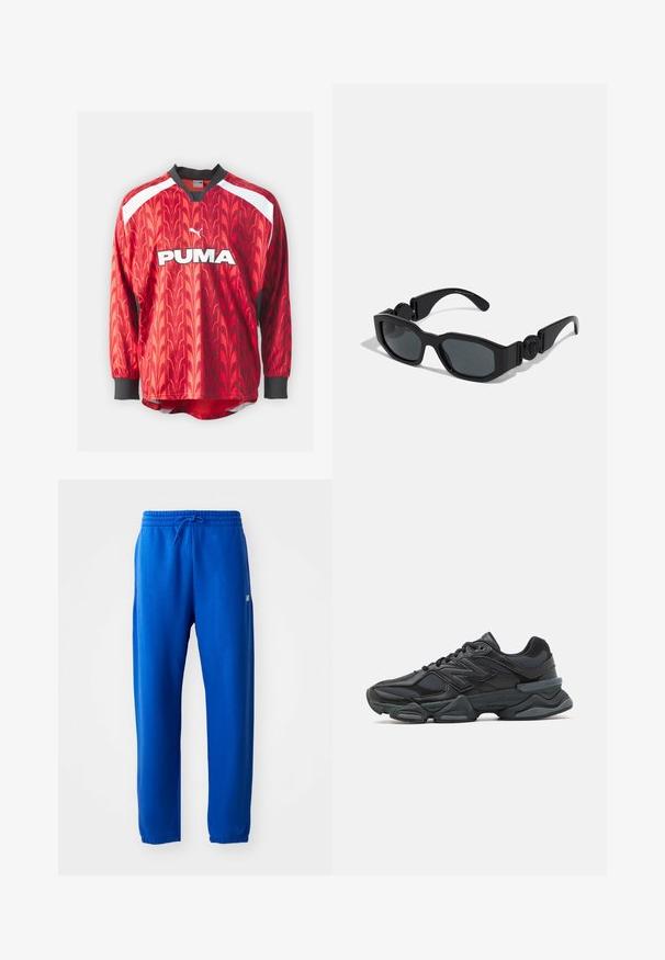Puma FOOTBALL LONGSLEEVE - Langarmshirt - intense red; Blaue Sweatpants aus weichem Stoff, mit einem elastischen Bund und Kordelzug, schmal zulaufenden Beinen und einem kleinen Logodetail an der Seite.; Schwarzer Laufschuh mit einer Mischung aus Mesh- und sinthetischen Materialien, dicke Sohle, geschwungenes Design und auffälliger Markenkennzeichnung an der Seite.; Schwarze Sonnenbrille mit eckigem Gestell, dicken Rändern, dunkel getönten Gläsern und kreisförmigen Akzentdetails an den Bügeln. Glattes Kunststoffmaterial.