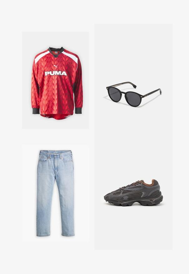 Puma FOOTBALL LONGSLEEVE - Longsleeve - intense red; Lichtblauwe denim jeans met een recht model, vijf zakken en contrasterende stiksels. Knopen- en ritssluiting bij de taille.; Lacoste sneakers in donkergrijs van mesh en synthetisch materiaal, met een gestructureerde zool en bruine accenten op de kraag en branding.; BOSS Zonnebril - black