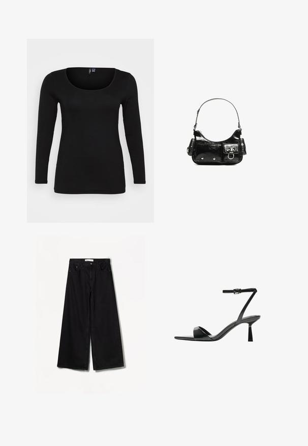Top nero a maniche lunghe con scollo a barco, realizzato in tessuto morbido con dettagli di cucitura minimi. Forma aderente, senza fantasie né decorazioni.; Bershka WIDE-LEG - Wide Leg - black; Bershka Sandali con tacco - black; Borsa a spalla in vernice nera con forma curvata, una tracolla, tasche frontali e dettagli in metallo argentato.