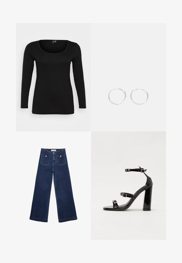 Čierny top s dlhým rukávom a hlbokým výstrihom, vyrobený z hladkého materiálu s minimálnymi švovými detailmi. Priliehavý strih, bez vzorov alebo ozdôb.; Tmavozelené nohavice s širokými nohavicami vyrobené z denimu, s dvoma prednými vreckami so dekoratívnymi gombíkmi a so strihaným spodkom.; Čierne lakované sandále na podpätku so štvorcovou špičkou, navlečenými remienkami okolo členku a striebornými prackami. Disponujú masívnym blokovým podpätkom pre stabilitu.; Strieborné kruhové náušnice s elegantným, okrúhlym dizajnom, s hladkým povrchom a bez viditeľných ozdôb. Priemer nie je špecifikovaný.