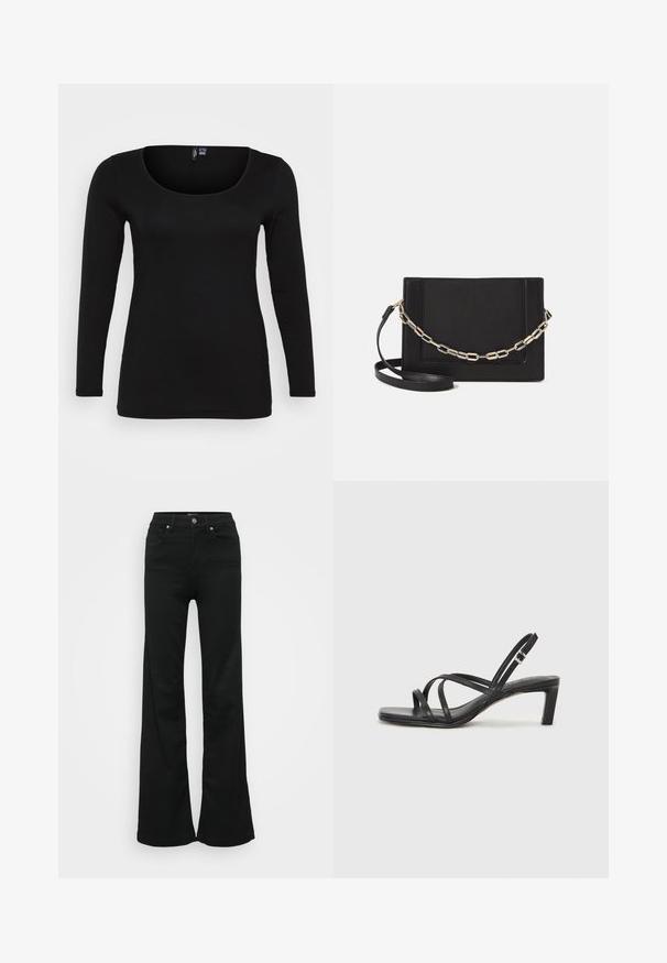 Mustmustäheline must särk, millel on ümar kaelus, valmistatud siledast kangast, millel on minimaalsed õmbluse detailid. Keha lähedane lõige, ilma mustrite või kaunistusteta.; Mustad laiad teksapüksid, valmistatud denimist, kõrge vöökoht, viis taskut ja metallist nööpkinnitus. Sujuv tekstuur väheste detailidega.; Mustast rihmajalatsid ruudukujulise varba ja madala ploki kontsaga. Omab mitmeid õhukesi rihmasid ja reguleeritavat pahkluu rihma. Valmistatud siledast nahast.; Mustast nahast õlakott, mis omab siledat tekstuuri, ristküliku kuju ning esiküljel metallketi detaili. Reguleeritav rihm on kaasas.; Hõbedane kahekordne rõngas sujuva, poleeritud pinnaga. Omab voolavat, kõverat disaini, millel on kattuvad sektsioonid, et saavutada kaasaegne ilme.