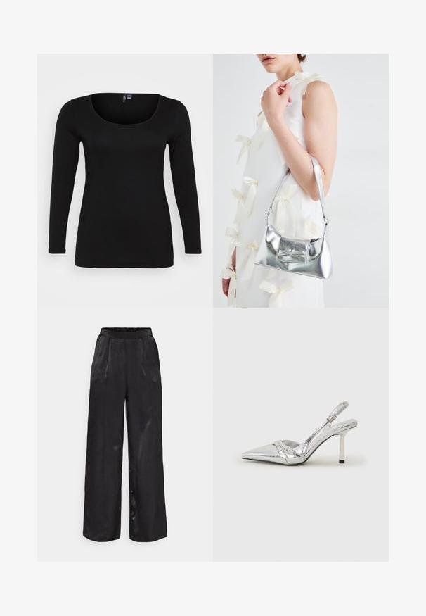Top negro de manga larga con escote redondeado, hecho de tejido suave con mínimos detalles de costura. Corte ajustado, sin patrones ni adornos.; Pantalones de pierna ancha negros con una textura suave y satinada. Presentan una cintura elástica y dos bolsillos frontales. Pliegues a medida realzan el diseño.; Zapato de tacón alto plateado tipo slingback con punta afilada, acabado metálico, dos correas decorativas y un tacón delgado con punta negra.; Bolso de mano metálico plateado con forma estructurada, que presenta un asa superior y un detalle de lazo en el frente. Textura suave y acabado reflectante.