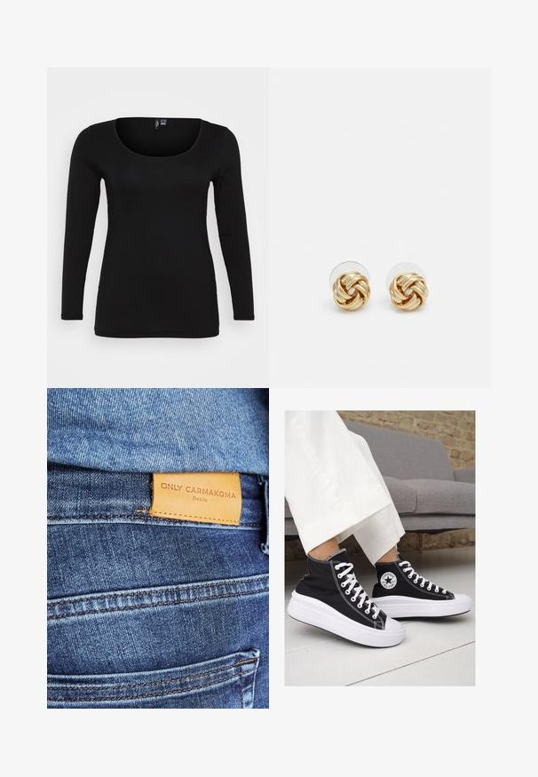 Black long-sleeve top with a scoop neckline, made of smooth fabric with minimal stitching details. Fitted shape, no patterns or embellishments.; Blue denim jeans featuring a brown leather label reading "ONLY CARMKOMA Denim," with visible stitching and a side pocket detail.; Black canvas high-top sneakers with white rubber soles and laces. Features a circular logo on the side and contrasting white stitching.; Gold-tone knot stud earrings with a twisted design. Each earring features a circular clear backing for secure wear.