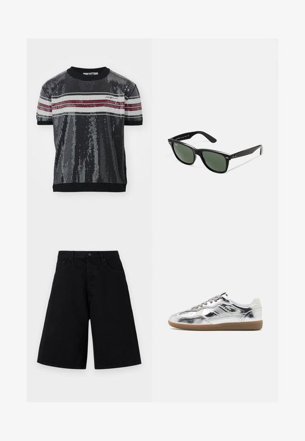 Top de manga corta negro con lentejuelas y textura acanalada, que presenta rayas horizontales blancas y rojas y un cuello redondo. Incluye logotipo de la marca.; Shorts de mezclilla negra con un corte relajado, que presentan un diseño clásico de cinco bolsillos y cierre de botón, textura suave y corte recto.; Zapatillas metálicas plateadas con una textura suave, cordones grises y una suela de goma, que presentan perforaciones en la punta y acentos de diseño en los laterales.; Gafas de sol de plástico negro con lentes verdes, montura cuadrada, acento plateado en la ceja y brazos texturizados. Marca indicada en el brazo interno.