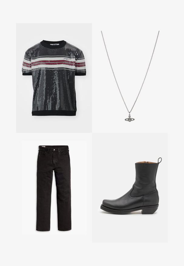 Kurzarm, schwarzes Pailletten-Oberteil mit gerippter Textur, das weiße und rote horizontale Streifen sowie einen runden Ausschnitt aufweist. Brandlogo ist enthalten.; Schwarze gerade Jeans aus Denim mit fünf Taschen, Knopfverschluss und Gürtelschlaufen, flach auf einem weißen Hintergrund ausgelegt.; Schwarze Leder-Stiefelette mit glatter Oberfläche, schlankem Profil, seitlicher Naht und niedrigem, quadratischen Absatz. Verfügt über eine Zuglasche an der Rückseite.; Silberne Kettenhalskette mit einem detaillierten Anhänger in Form eines Planeten, verziert mit kleinen Akzenten und kunstvollen Mustern.