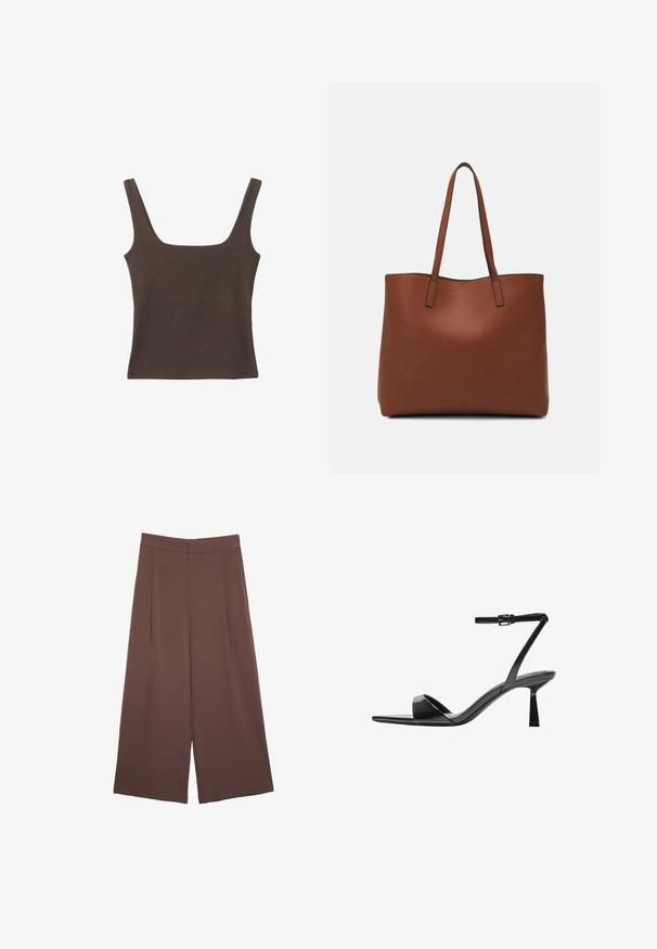 Brun ærmeløs top med firkantet udskæring, lavet af blød, strækbar stof. Har et tætsiddende design og flade sømme.; Brune bredbunde bukser med en glat tekstur, der har høj talje og plisseringer foran. Stoffet er let og falder løst.; Bershka Højhælede sandaletter / Højhælede sandaler - black; Brun læder tote taske med en glat overflade, åben topdesign og to skulderremme. Har minimal syning og ingen synlig hardware.