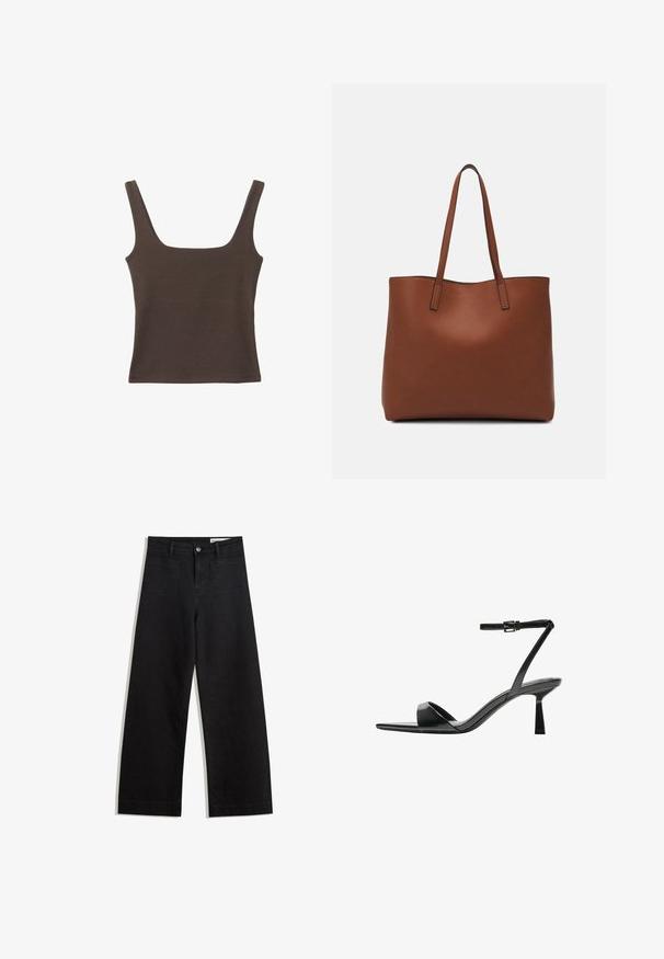 Smešani smeđi top bez rukava sa kvadratnim izrezom, izrađen od mekanog, rastezljivog materijala. Ima kroj koji se uklapa i ravne šavne.; Crne široke traperice s visokim strukom, s prednjim i stražnjim džepovima, šivenim šavovima i kopčanjem na gumb. Glatka tekstura.; Bershka Sandale s visokom petom - black; Smeđa kožna torba preko ramena s glatkom teksturom, otvorenim vrhom i dvjema naramenicama. Ima minimalne šavove i nema vidljivog hardvera.