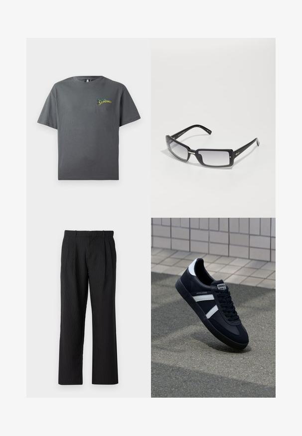 Graues Baumwoll-T-Shirt mit rundem Halsausschnitt und kurzen Ärmeln. Auf der linken Brustseite befindet sich ein mehrfarbiges "Superman"-Grafik.; Jack & Jones JPSTBILL JJDAYTONA WIDE - Stoffhose - black; Schwarze Leder-Sneaker mit weißen Streifen, strukturiertem Gummisohle und Schnürung. Verfügt über ein Markenetikett auf der Zunge.; Schwarze rechteckige Sonnenbrille mit einem abgedunkelten Glas, ausgestattet mit einem dicken Rahmen und metallischen Akzenten an den Bügeln. Glatte Textur insgesamt.