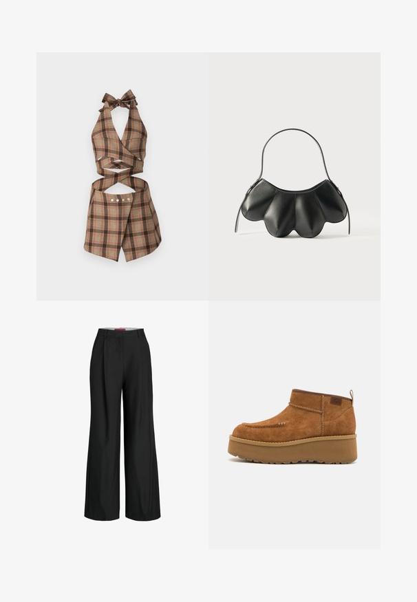 AVAVAV TAILORED WRAP - Débardeur - brown; Pantalons larges noirs au design impeccable, dotés de plis et d'une texture de tissu lisse. Lignes épurées sans matériel ou accents visibles.; Bottines en suède marron avec un embout arrondi, une semelle compensée et un détail cousu. Elles sont dotées d'une languette à l'arrière pour un enfilage facile.; Sac à main en cuir noir avec un design courbé en forme de coquillage, doté d'une seule bandoulière et d'une fermeture éclair. Texture lisse avec des accents cousus.