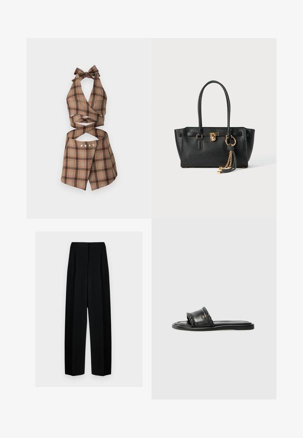 AVAVAV TAILORED WRAP - Top - brown; Schwarze weit geschnittene Hosen mit hoher Taille, die Falten und eine glatte Textur aufweisen. Der Stoff wirkt leicht und fällt elegant.; Schwarze Ledersandale mit einem gewebten Riemen-Detail, flacher Sohle und schlankem Design. Glatte Textur und minimalistisches Profil.; Schwarze Lederhandtasche mit doppelten Griffen, goldfarbener Verschluss- und Kettendetails sowie einem schwarz-weißen Quastenaccessoire vor weißem Hintergrund.