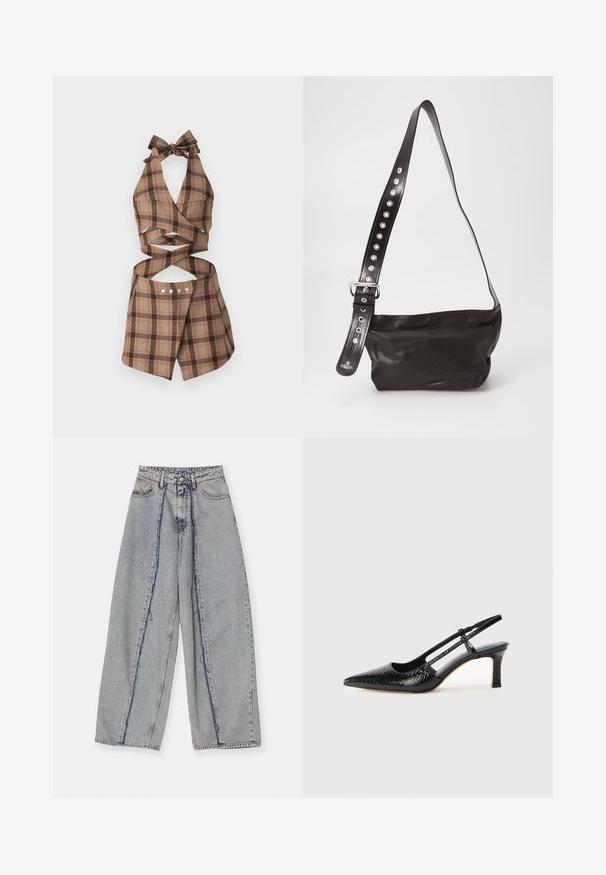 AVAVAV TAILORED WRAP - Topp - brown; Heledad sinine laiem jalgadega teksad, millel on friteeritud servad, kõrge vöökoht ja kontrastsed õmblused. Valmistatud denimist, näidates lahedat sobivust ja minimaalset kulumist.; Mustmust paelad, millel on terav varvas, tekstuuriga maduprindiga, reguleeritav rihm ja lühike tekstuuriga plokknina.; Must mustast kaelusega nahkristuskolmas kott, millel on tekstuuriga viimistlus ja lai reguleeritav rihm, kaunistatud hõbedaste nupudega ja metallist pandlaga.