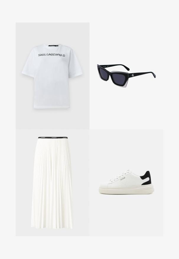 Vit T-shirt med kort ärm och rund hals, med svartprickig textlogotyp över bröstet som säger "KARL LAGERFELD."; Fälld vit kjol med svart elastiskt midjeband som har "LACOSTE"-logotypen. Mittenlång design med mjuk textur.; Vita lädersneakers med en tjock vit sula, svartsuede hälaccent och präglad logotyp på sidan. Snörningsdesign med sex öglor.; Svart överdimensionerade solglasögon med geometrisk form, med mörka linser och en kontrasterande grå detalj på ramen. Logotyp på bygeln.