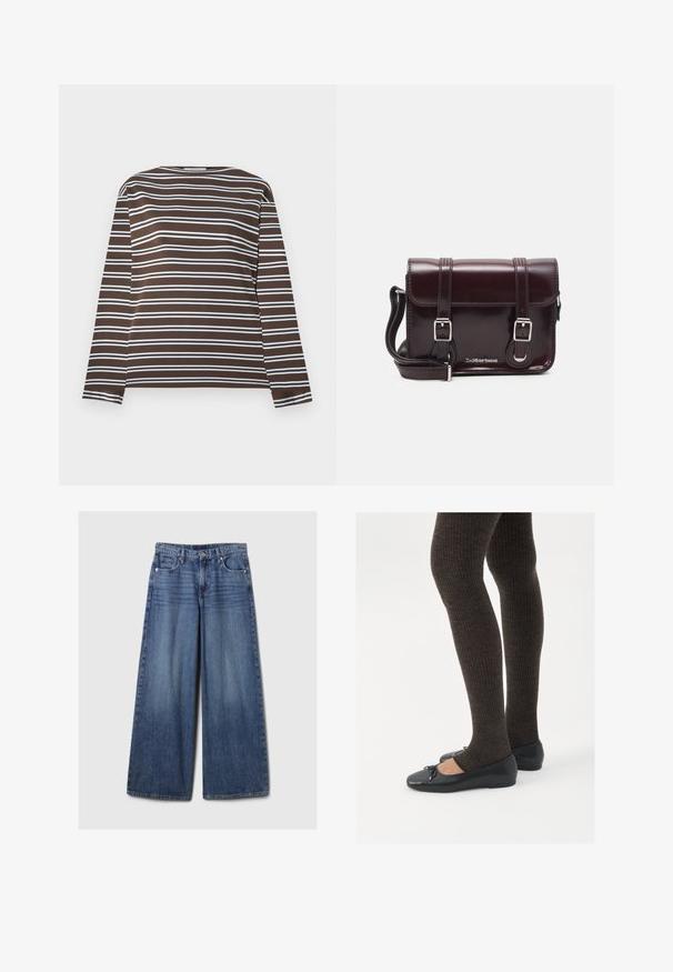 Barna, hosszú ujjú ing vízszintes világoskék csíkokkal. Kerek nyakkivágás, puha anyag, sima textúra. Egyszerű dizájn, további jellemzők nélkül.; Széles lábú kék farmernadrág elhalványodott felülettel, gombos és cipzáras záródással, öt zsebbel és övhurkokkal.; Fekete lapos cipők kis masni díszítéssel az orrán, sötétbarna bordázott harisnyával párosítva. A cipők sima textúrával és alacsony profilúak.; Burgundy lakkbőr keresztpántos táska téglalap alakú, két pánttal, ezüst színű szerelvényekkel és fedélzárral.