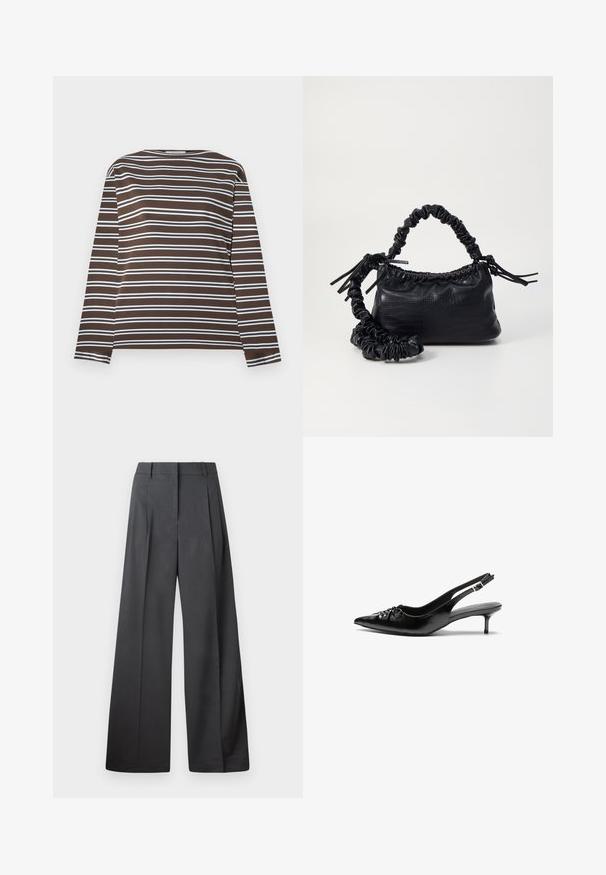 Ruda ilgomis rankovėmis palaidinė su horizontaliomis šviesiai mėlynomis juostelėmis. Apvalus iškirpimas, minkšta medžiaga su lygiu paviršiumi. Paprastas dizainas, be papildomų detalių.; Tamsiai pilkos plačios kojos kelnės, turinčios aukštą liemenį, vieną raukšlę ir sklandžią tekstūrą su tvarkingais kraštais.; Juodos odinės slingback aukštakulniai su smailiu nosiu, mažais katės kulnais ir dekoratyvine mazgo detale priekyje. Visas paviršius lygus.; Juodas dirbtinės odos rankinė su krokodilo tekstūra, sušnibždinta viršuje ir susikraipytu dirželiu. Atrodo minkšta ir kompaktiška.