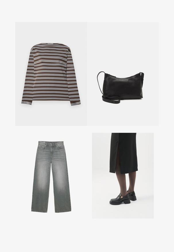 Smeđa majica dugih rukava s horizontalnim svijetloplavim prugama. Okrugli izrez, mekana tkanina s glatkom teksturom. Jednostavan dizajn, bez dodatnih detalja.; Široke sivo traperice s lagano izblijedjelim izgledom, dizajnom s pet džepova te klasičnim zakovicama i zatvaračem.; Crne kožne cipele s zaobljenim vrhom, debelim blok petama i elastičnim bočnim detaljima, uparene s tamnim čarapama i crnom suknjom s prorezom.; Crna kožna torba na rame s glatkom teksturom, zakrivljenim oblikom, podesivim remenom i zatvaranjem na patentni zatvarač. Minimalistički dizajn bez ukrasa.