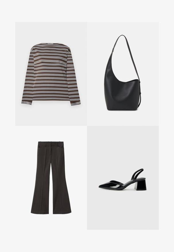Rjava dolga majica s dolgimi rokavi z vodoravnimi svetlo modrimi črtami. Okrugel izrez, mehak material z gladko teksturo. Enostaven dizajn, brez dodatnih značilnosti.; Črne razširjene hlače z visokim pasom; vključujejo dva sprednja žepa in gladko teksturo tkanine. Primerne za različne priložnosti.; Črne lakirane slingback pete s koničastim nosom in geometrijsko blokasto peto. Imajo eleganten, minimalističen dizajn in gladko teksturo.; Črna usnjena hobo torba z gladko teksturo, ukrivljeno obliko in eno nastavljivo naramnico; ima širok odprtina na vrhu.