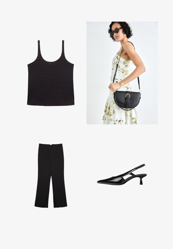 Crna majica bez rukava izrađena od mekog, laganog materijala. Ima izrezani dekolte i tanke naramenice, ravni donji rub te je bez uzoraka ili detalja.; Crne hlače ravnog kroja, s prednjim džepovima i bočnim prorezima na rubu. Izrađene od mekog i glatkog materijala. Pogodne za razne prigode.; Crne lakirane natikače na remenčić sa špicastim nosom, dizajnom sa izrezima sa strane i malim kvadratnim potplatom. Glatka tekstura s minimalnim akcentima.; Crna kožna torba s lukovitim oblikom, odvojivim remenom i zlatnim detaljima. Torba ima preklop s kopčom.