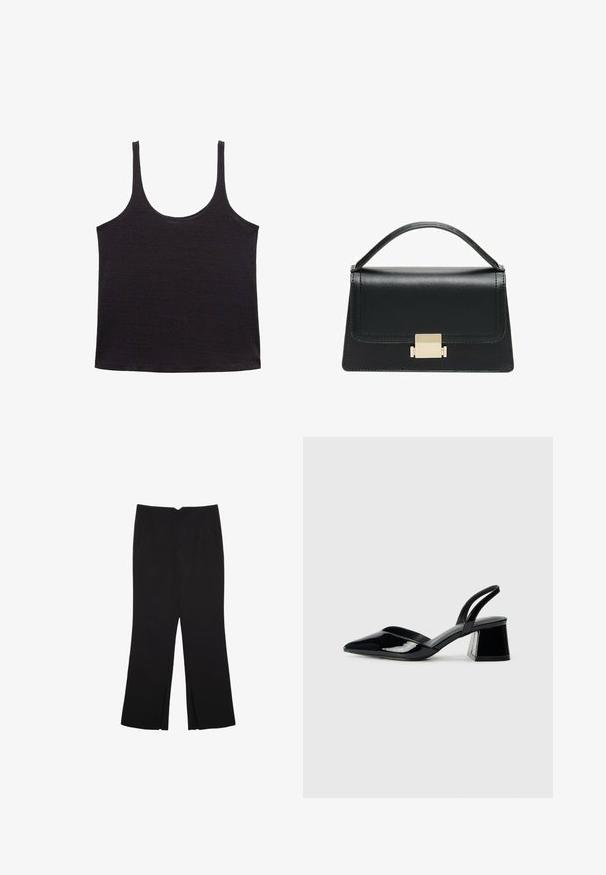 Čierny tielko z mäkkej, ľahkej tkaniny. Má okrúhly výstrih a tenké ramienka, s rovnym spodným okrajom a bez vzorov alebo akcentov.; Čierne nohavice so strihom rovného strihu, s prednými vreckami a bočnými rozparkami na leme. Vyrobené z mäkkej, hladkej tkaniny. Vhodné na rôzne príležitosti.; Čierne lakované kožené sandálové podpätky s špicatou špičkou a geometrickým blokovým podpätkom. Disponujú elegantným, minimalistickým dizajnom a hladkým povrchom.; Čierna kožená kabelka so štruktúrovaným prevedením, horným madlom a detailom zlatého kovového uzáveru na prednej strane. Hladká textura, minimálne šitie.