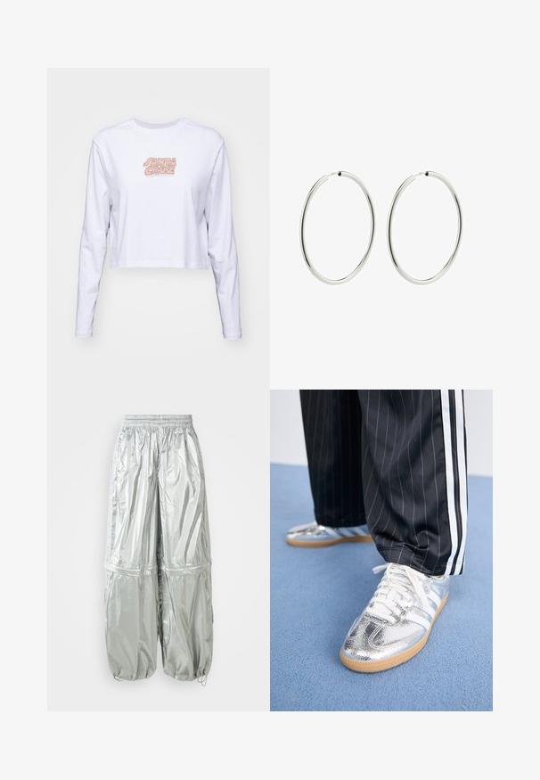 Bijela dugorukava skraćena majica od pamuka s višebojnim logotipom "SANTA CRUZ" otisnutim na prsima.; Srebrne lagane cargo hlače s sjajnom teksturom, elastičnim pojasom, naboranim manžetama i dvije velike prednje džepove.; Metalne srebrne tenisice s bijelim vezicama i tri bijele pruge, uparene s crnim hlačama s prugicama. Osvježavajući akcent gumene soles na dnu.; Srebrne kružne naušnice s glatkom, poliranom površinom. Kružni oblik, dosljedna širina, dizajnirane za laku kopču. Jednostavne i elegantne.