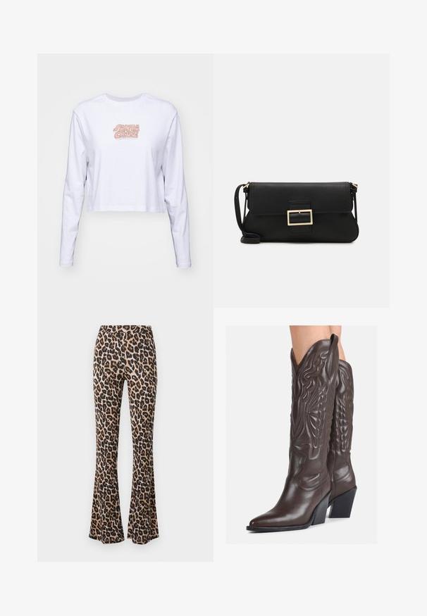 Balta, garām piedurknēm, īsā t-krekls, izgatavots no kokvilnas, ar daudzkrāsainu "SANTA CRUZ" logo, kas ir izdrukāts uz krūtīm.; Leparda raksts ar flared biksēm brūnā un melnā krāsā, izgatavots no mīkstas auduma ar gludu tekstūru, ar piegulošu jostu un izpletinātu apakšējo daļu.; Brūni ādas kovboju zābaki ar norādītu purngalu un blokveida papēdi, ar detalizētu šūšanu un paceltiem akcentiem uz kājas daļas.; Melnas ādas saķeres soma ar atloku un zelta metāla sprādzi. Ietver melnu siksnu un elegantu, minimālistisku dizainu.; Sudraba gredzenveida auskari ar savītu dizainu, kas ir ar pulētu apdari un ar aizmugurēju fiksāciju. Izmērs ir aptuveni 3 cm diametrā.