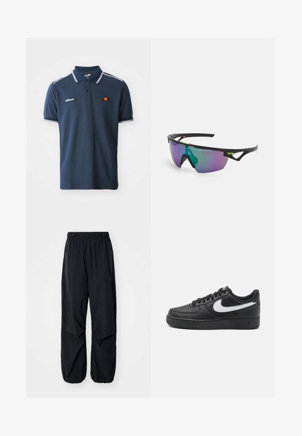 Sötétkék polo póló, puha pamutból készült, fehér csíkkal a galléron és az ujjakon, valamint hímzett logóval a mellrészen.; Fekete, könnyű munkásnadrág elasztikus derékrésszel, oldalsó cipzárokkal és tágas zsebekkel. Lazán illeszkedik, és szűkülő bokákkal rendelkezik.; Fekete Nike Air Force 1 tornacipő sima bőrből készült felsőrésszel, fehér logóval, perforált orral és texturált gumitalppal.; Fekete keretes sport napszemüveg, nagy, lila és zöld árnyalatú, gradiens lencsével, szögletes formatervezési kiemelésekkel és logó részletekkel.