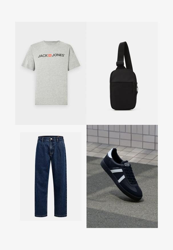 Szürke pamut póló, rövid ujjakkal és kerek nyakkivágással. Elöl fekete "JACK & JONES" felirat látható piros négyzetes díszítéssel.; Sötétkék farmernadrág egyenes szabással. Jellemzői a látható varrás, gombos záródás és elülső redők a további részletekért.; Fekete bőr sportcipő fehér csíkokkal, textúrált gumitalppal és fűzős elejével. A nyelvén márkás címke található.; Fekete keresztpántos táska, tartós anyagból készült, egy állítható pánttal, cipzáras főrekesszel és elülső zsebbel.