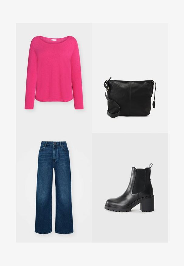 Long-sleeve pink top made from soft fabric, featuring a wide boat neckline and a relaxed fit, with a smooth, slightly textured surface.; High-waisted, wide-leg jeans in dark blue denim with a smooth texture, contrast stitching, and five-pocket design. Front button closure.; Black leather ankle boot with a chunky heel, elastic side panels, and a pull tab at the back. Textured sole for added grip.; Black leather crossbody bag with a flat shape, gold hardware accents, and an adjustable strap. Smooth texture with minimal stitching details.