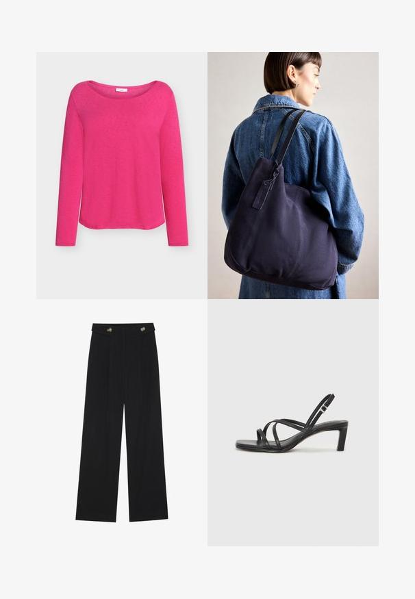 Ružičasti dugi rukav, izrađen od mekanog materijala, s širokim izrezom u obliku lađe i opuštenim krojem, s glatkom, blago teksturiranom površinom.; Crne hlače širokih nogavica s visokim strukom, s dugmadi na pojasu i prednjim nabora.; Crne sandale s trakama, kvadratnim prstom i niskom blok petom. Ima više tankih trakica i podesivu trakicu oko gležnja. Izrađene su od glatke kože.; Mornarska platnena torba s mekim, strukturiranim oblikom, s crnim remenom, šavnim detaljima i malom oznakom branda.