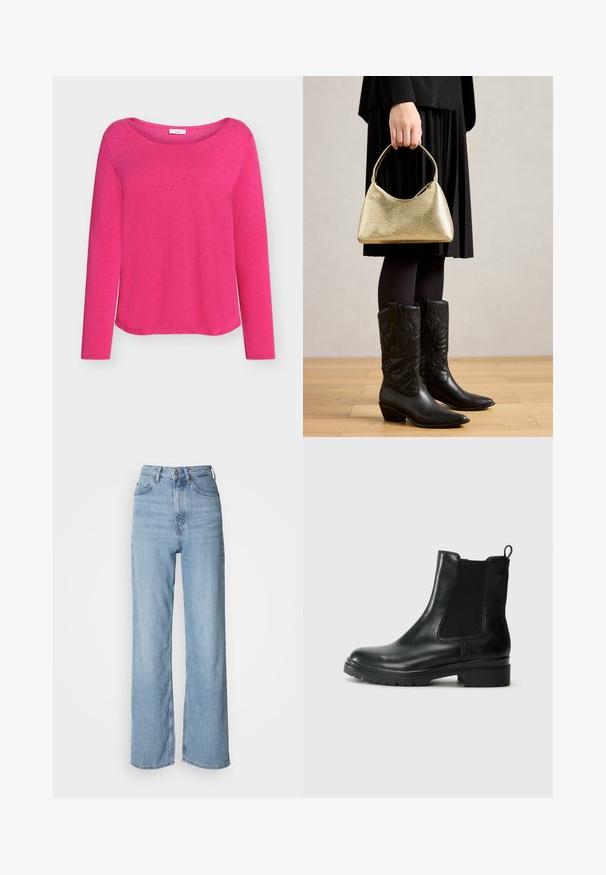 Long-sleeve pink top made from soft fabric, featuring a wide boat neckline and a relaxed fit, with a smooth, slightly textured surface.; Light blue high-waisted jeans with a straight leg, made of denim, featuring a front button closure and subtle fading details.; Tamaris Classic ankle boots - black glam; Gold textured handbag with a curved shape and short handle, held by a person wearing a black pleated skirt and black leather cowboy boots.