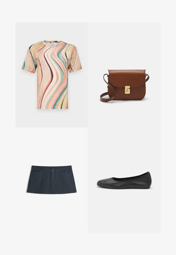 Rövid ujjú póló puha anyagból, amely színes hullámmintával rendelkezik rózsaszín, türkiz és sárga árnyalatokban, kerek nyakkivágással.; Tengerészkék csíkos mini szoknya elülső zsebekkel és egyetlen gombos záródással a deréknál.; Fekete bőr balettcipő lekerekített orral, sima tekstúrával, minimális varrással és rugalmas talp kialakítással.; Barna bőr kézitáska, hajtókás zárással, arany színű fém kiegészítőkkel, vállpánttal és sima felülettel. Kompakt téglalap alakú.