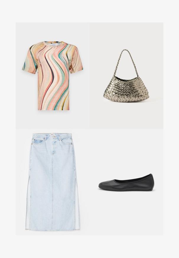 Kortärmad t-shirt i mjukt tyg med ett flerfärgat vågmönster i nyanser av rosa, teal och gult, med rundad halsringning.; Ljusblå denim maxikjol med rak skärning, featuring sidofrack och femficksdesign. Framträdande sömmar och metallknappsstängning.; Svart läderballerinaskor med rund tå, slät yta, minimala söm detaljer och en flexibel sula.; Metallisk vävd handväska med triangulär form, som har en flätad rem och ett foder i sammet. Färg: silver. Textur: slät och som tyg.