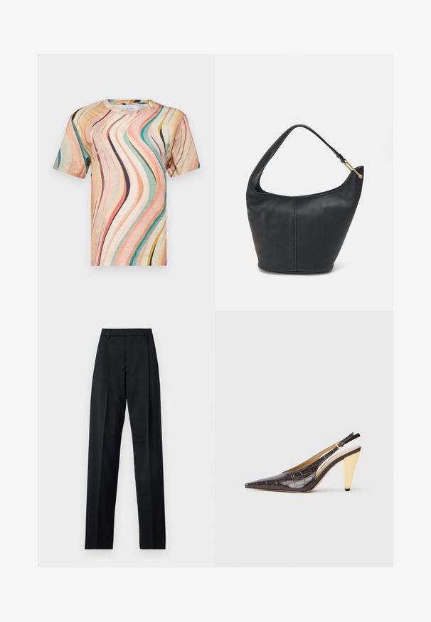 Majica s kratkimi rokavi iz mehkega blaga, ki prikazuje večbarvni valovit vzorec v odtenkih roza, teal in rumene barve ter okroglim izrezom.; Črne hlače iz gladkega materiala, ki imajo visok pas, široke noge, sprednje nabore in klasične zanke za pas. Nevidni stranski žepi.; Slingback peto s koničastim nosom, v temno rjavi sijoči umetni krokodilji usnjeni različici. Ima zlate geometrijske pete in nastavljiv ankel trak.; Črna usnjena torbica ovalne oblike, s širokim pasom in teksturirano površino. Ima subtilno šivano podrobnost in zlate dodatke.