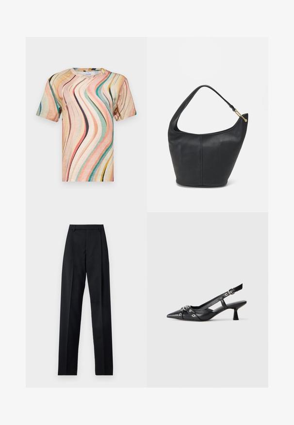 Korte mouwen T-shirt van zacht materiaal met een multikleurig golvend patroon in tinten van roze, teal en geel, voorzien van een ronde hals.; Zwarte broek gemaakt van gladde stof met een hoge taille, wijde benen, voorplooien en klassieke ceintuurlussen. Geen zijzakken zichtbaar.; Zwarte leren slingback schoen met een puntige neus, decoratieve banden met metalen oogjes en een lage blokhak. Textuur oppervlak.; Zwarte leren handtas met een ronde vorm, een brede schouderriem en een gestructureerde afwerking. Bevat subtiele naaddetails en een gouden hardwareaccent.