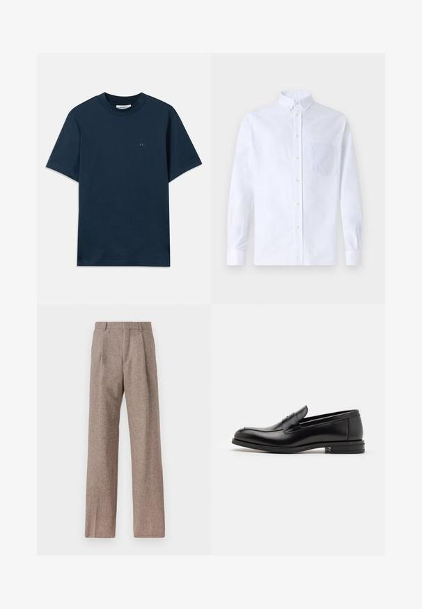 Navy blue cotton t-shirt with a crew neck, short sleeves, and a subtle logo printed on the chest. Smooth texture and classic fit.; White long-sleeve button-up shirt made of cotton, featuring a chest pocket with tonal embroidery, a collar, and button cuffs.; Brown, high-waisted trousers made of textured fabric. Features wide legs and two front pleats for structure. Neat finish with no visible hardware.; Black leather loafers with a smooth texture, rounded toe, and a decorative strap across the vamp. Low stacked heel, minimalist design.