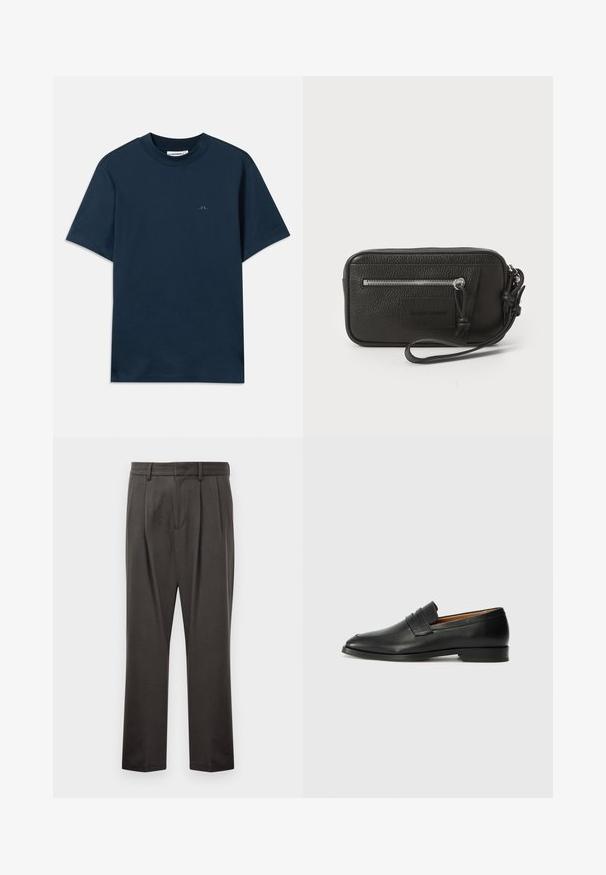 Morsko modra bombažna majica s krožnim izrezom, kratkimi rokavi in subtilnim logotipom natisnjenim na prsih. Gladka tekstura in klasičen kroj.; Temno sive hlače iz teksturirane tkanine, z ravnim sprednjim delom, naborki, ravnimi nogami in zankami za pas. Brez vidnih kovinskih delov ali vzorcev.; Črne usnjene loferice z zaobljenim prstom, subtilnim šivanjem in nizkim petam, ki se odlikujejo po gladki teksturi in minimalističnem oblikovanju.; Črna usnjena torbica s teksturirano površino, sprednjim žepom z zadrgo in odstranljivo zapestnico. Ima logotip na sprednji strani. Pravokotna oblika.