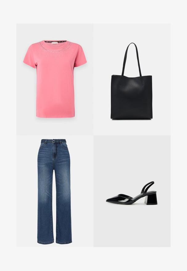 Pink short-sleeve t-shirt in soft cotton with round neckline, featuring decorative crystal embellishments arranged in a sunburst pattern.; Wide-leg blue denim jeans with a high waist, featuring two metal buckle accents, subtle fading, and standard five-pocket design.; Black patent leather slingback heels with a pointed toe and a geometric block heel. Features a sleek, minimal design and smooth texture.; Black leather tote bag with smooth texture, rectangular shape, and two long handles. No visible hardware or embellishments.