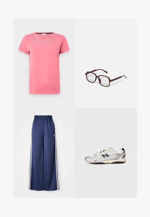 Pink short-sleeve t-shirt in soft cotton with round neckline, featuring decorative crystal embellishments arranged in a sunburst pattern.; Navy blue wide-leg pants with vertical white stripes, elastic waistband, and three white stripes along each side, made from a lightweight material.; Gray and white athletic shoe with a rounded toe, mesh and synthetic materials, black accents, and a textured rubber sole.; Brown, rectangular eyeglasses with transparent lenses and purple tints. Smooth plastic frame with straight temples and subtle accents.