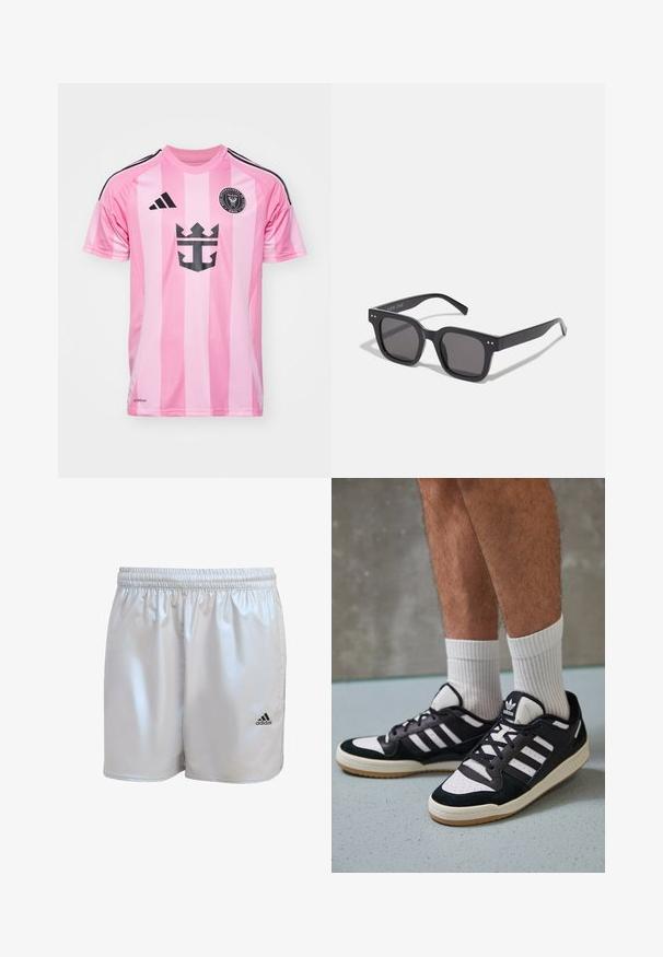 Růžový fotbalový dres s vertikálními pruhy, černými akcenty a grafickým logem. Vyrobeno z prodyšné látky, má krátké rukávy a kulatý límec.; adidas Originals SUPERNOVA - Šortky - halo silver; Černobílé tenisky s vrchní částí z semišové a kožené kůže, včetně tří bílých pruhů, perforovaného špičky a podrážky z gumy.; Černé obdélníkové sluneční brýle s tmavými skly, disponující silným rámem, decentními akcenty po stranách a bez viditelných log kromě názvu značky.