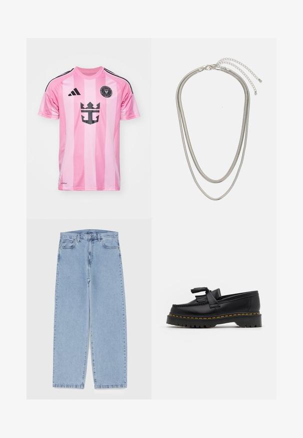 Ružičasta nogometna majica s vertikalnim prugama, crnim akcentima i grafičkim logotipom. Izrađena od prozračnog materijala, ima kratke rukave i okrugli ovratnik.; Svijetloplave traperice s ravnim nogavicama, sa srednjim strukom, pet džepova i zatvaranjem na dugme i patentni zatvarač.; Crna kožna loaferica s resicama, koja ima čvrst crni potplat i žute šavove duž ruba. Teksturirana završna obrada.; Necklace od tri sloja srebrnog metala s elegantnim, fleksibilnim lančićima blagog sjaja, zatvoren s karabinera i prilagodljivim lančićem.