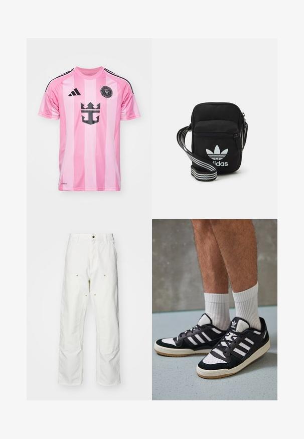 Pink soccer jersey with vertical stripes, black accents, and a graphic logo. Made of breathable fabric, features short sleeves and a round collar.; White cotton cargo pants with a relaxed fit. Features include front pockets, gold hardware accents, and reinforced knee sections.; Black and white sneakers with a suede and leather upper, featuring three white stripes, a perforated toe, and a gum rubber sole.; Black fabric crossbody bag with a zipper closure, featuring a white Adidas logo and a striped adjustable strap for easy carrying.