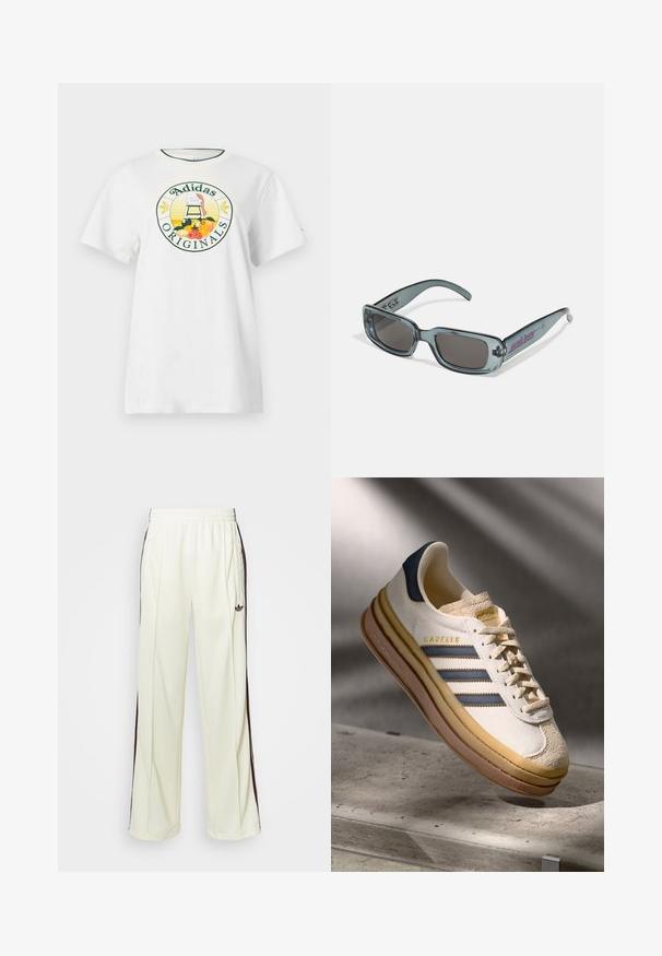 Balta medvilnė marškinėliai trumpomis rankovėmis, su apvaliu grafiniu logotipu žaliai ir geltonai, kuriame yra užrašas "Adidas Originals" ir vaisių dizainai.; Kreminės spalvos laisvos kelnės, turinčios tamsiai rudas šonines juostas ir išsiuvinėtą logotipą kairiajame šlaunyje.; Adidas Gazelle sportbačiai su kremine zomšine viršutine dalimi, mėlynomis odinėmis detalėmis, trimis mėlynomis juostelėmis, béžiniu tarpu ir rudąja guma. ; Santa Cruz INFERNO UNISEX - Akiniai nuo saulės - crystal black