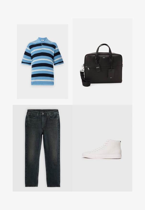Csíkos póló inget visel, világoskék, tengerészkék és fehér színekben. Rövid ujjú, galléros, gombos nyitással; texturált kötött anyag különböző szélességű csíkokkal.; Sötétkék farmernadrág, egyenes fazonnal, ött zsebbel, cipzáras sliccel és kontrasztos varrással. A szövet enyhe kopása.; Fehér vászonból készült magas szárú sportcipő, texturált felülettel, fehér fűzőlyukakkal és gumitalppal. Egyszerű dizájn kontrasztöltésekkel.; Fekete laptop táska textúrált felülettel, dupla fogantyúkkal, levehető pánttal és fém kiegészítőkkel. Két címke és strukturált kialakítás jellemzi.