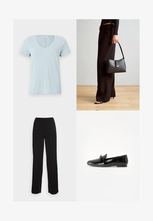 Camiseta azul-claro de decote em V, feita de um tecido suave e texturizado, com mangas curtas e uma bainha levemente curvada. Design simples e minimalista.; Calças pretas com um design de perna reta, textura suave e uma cintura ajustada. Apresentam bolsos frontais e um detalhe de costura minimalista.; Mocassim em cabedal preto brilhante com sola plana, bico arredondado e uma faixa decorativa com um detalhe em tom dourado. Acabamento liso e cintilante.; Bolsa preta com forma estruturada, textura suave e um fecho metálico. Combinada com calças largas pretas e sandálias de salto aberto sobre um chão de madeira.