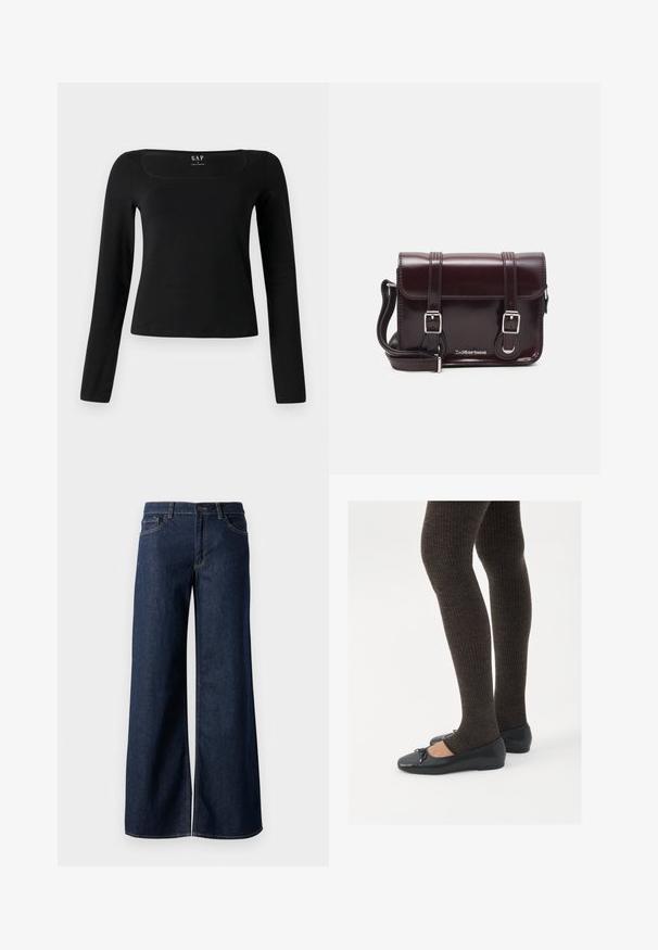 Melnu krekls ar garām piedurknēm un kvadrātveida izgriezumu, izgatavots no gludas auduma, ar pieguļošu dizainu un taisnu apakšmalu. Uzlīme izvietota izgriezuma iekšpusē.; Platas kājas džinsi tumši zilā denima krāsā. Iespējas ir kontrastējošās vīles, piecas kabatas un pogu aizdare jostasvietā. Gluda tekstūra.; Melnas plakano formas kurpes ar mazu loku uz pirksta, apvienotas ar tumši brūnām ribotām zeķubiksēm. Kurpēm ir gluda tekstūra un zems profils.; Burgundijas lakotas ādas crossbody soma ar taisnstūrveida formu, divām siksnām, sudraba krāsas aksesuāriem un vāku ar aizdari.