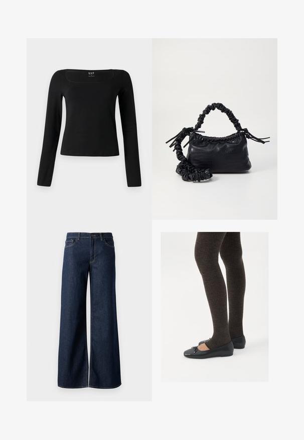 Dugih rukava crni top s kvadratnim dekolteom, izrađen od glatkog materijala, s pripijenim dizajnom i ravnim rubom. Etiketa prikazana unutar dekoltea.; Široke traperice u tamnoplavoj denim boji. Sadrže kontrastno šivanje, pet džepova i kopčanje na dugme u struku. Glatka tekstura.; Crne ravne cipele s malim mašnom na vrhu prstiju, uparene s tamnosmešnim rebrovanim čarapama. Cipele imaju glatku teksturu i nizak profil.; Crna torba od umjetne kože s teksturom krokodila, s cinčanim vrhom i naboranom trakom. Izgleda mekano i kompaktno u dizajnu.