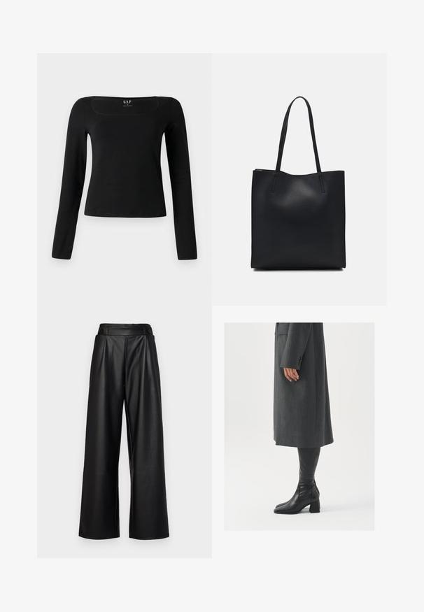 Langärmliges schwarzes Oberteil mit quadratischem Ausschnitt, aus glattem Stoff gefertigt, mit taillierter Passform und geradem Saum. Etikett im Ausschnitt sichtbar.; Schwarze, weit geschnittene Hosen aus Leder mit hoher Taille, Falten und zwei runden Knöpfen an der Vorderseite zum Verschließen.; Grau, maßgeschneiderter Überwurf mit geradem Schnitt; kombiniert mit knöchelhohen, schwarzen Lederstiefeln mit quadrater Zehenform und klobigem Absatz.; Schwarze Laptoptasche aus Leder mit glatter Textur, rechteckiger Form und zwei langen Griffen. Keine sichtbaren Beschläge oder Verzierungen.