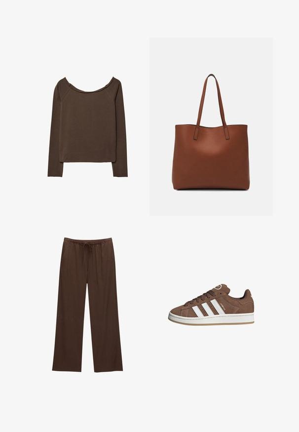 Bruine lange mouwen top met een wijde halslijn, gemaakt van zacht materiaal, met een ontspannen pasvorm en minimale naden voor een soepele silhoeët.; Bruine wijde broek gemaakt van zachte stof, met een elastische tailleband en een trekkoord, en twee zijzakken.; Bruine suède sneaker met witte leren strepen, rubberen zool, ronde neus en vetersluiting. Kenmerkt zich door een logo op de tong en geperforeerde accenten.; Bruine leren tote bag met een gladde textuur, een ontwerp met een open bovenkant en twee schouderbanden. Kenmerkt zich door minimale stiksels en geen zichtbare hardware.