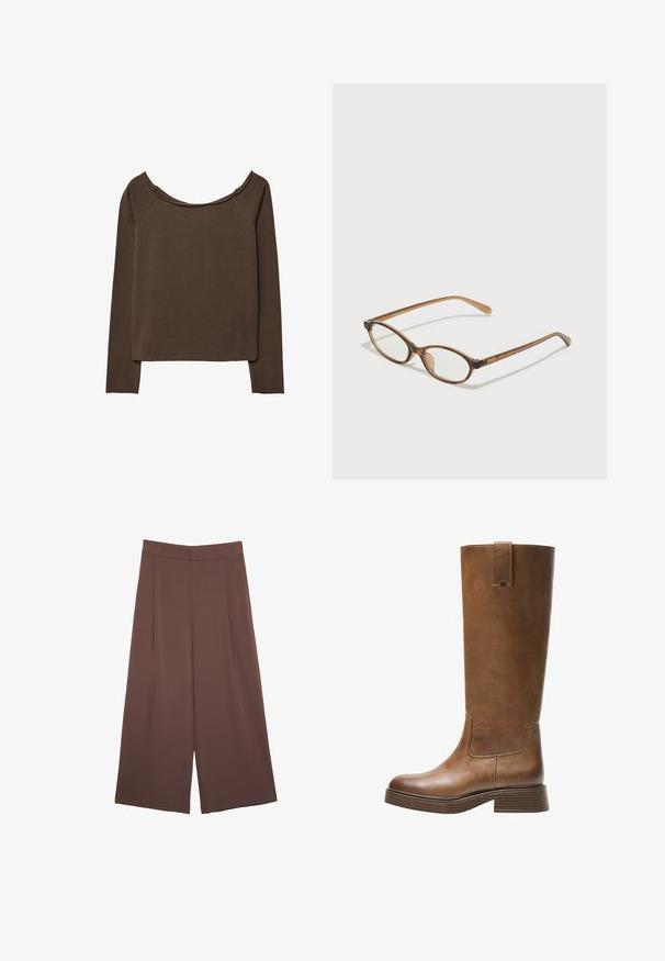 Brun langærmet top med bred halsudskæring, lavet af blødt materiale, med en afslappet pasform og minimale sømme for en glat silhuet.; Brune bredbunde bukser med en glat tekstur, der har høj talje og plisseringer foran. Stoffet er let og falder løst.; Brune læderknæhøje støvler med rund tå, struktureret overflade og en stabelt lav hæl. Har en sidepanel og en løftestrop øverst.; Brune skildpaddemønstrede briller med ovale linser, tynde arme og gennemsigtige accenter. Har et diskret logo på stangen. Slankt, let design.